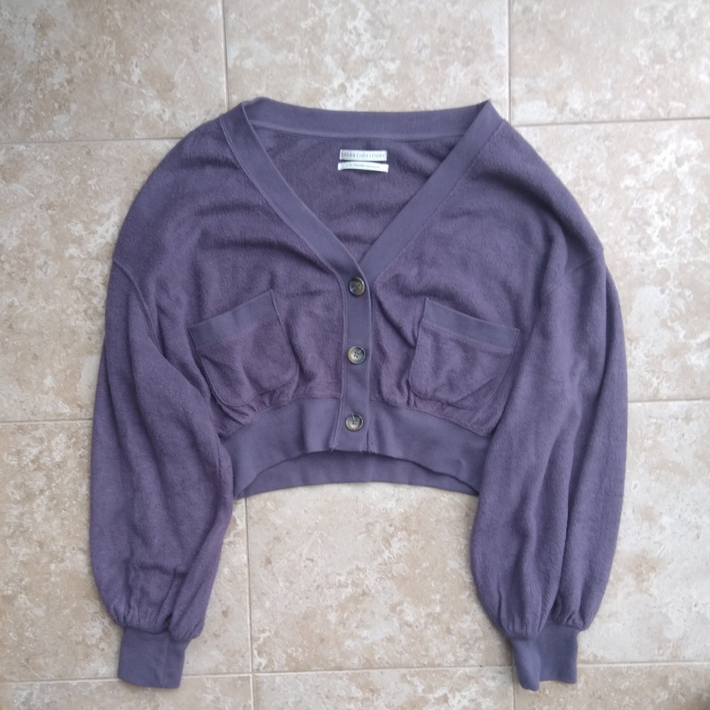 UO Cropped Purple Button-Down Cardigan Sweater w/ Balloon Sleeves